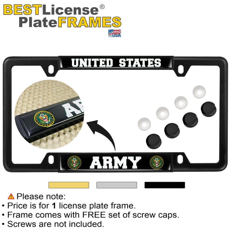 BestLicensePlateFrames [Officially Licensed Product] - United States Army Domed Custom-Made Personalized Narrow (Thin) Top 4 Hole Metal Car License Plate Frame with Free caps - Black (Quantity: 1 Frame) - Image 2